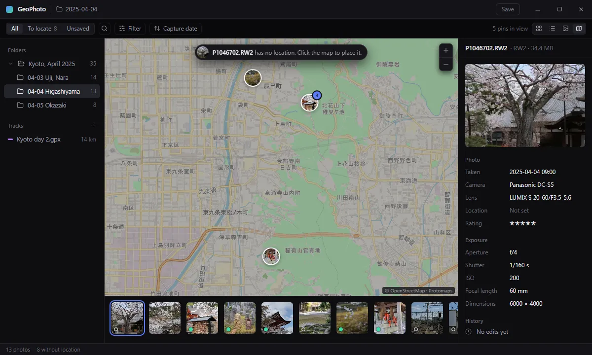 The GeoPhoto window: folders, a map of Kyoto with photo pins, a filmstrip and the photo details.